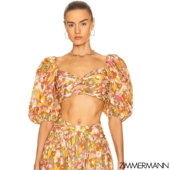 ZIMMERMANN Violet Twist Front Puff Sleeve Crop Top in Khaki Multi Floral - Picture 2 of 16